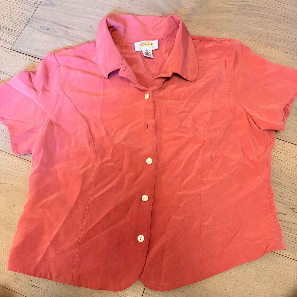 Talbots Petites 100% Silk Short Sleeve Button Down Shirt Coral Pink Size 10P